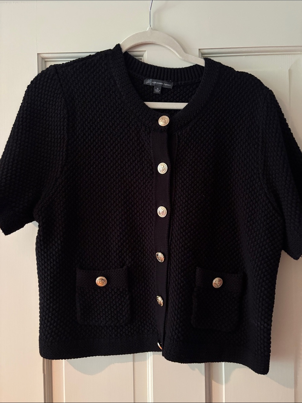 Adrianna Papell Black Short-Sleeve Knit Cardigan with Gold Buttons